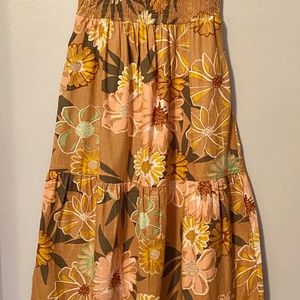 ROXY Peach & Toasted Nut Floral Shores Smoked-Bodice Tiered-Skirt Midi Dress S